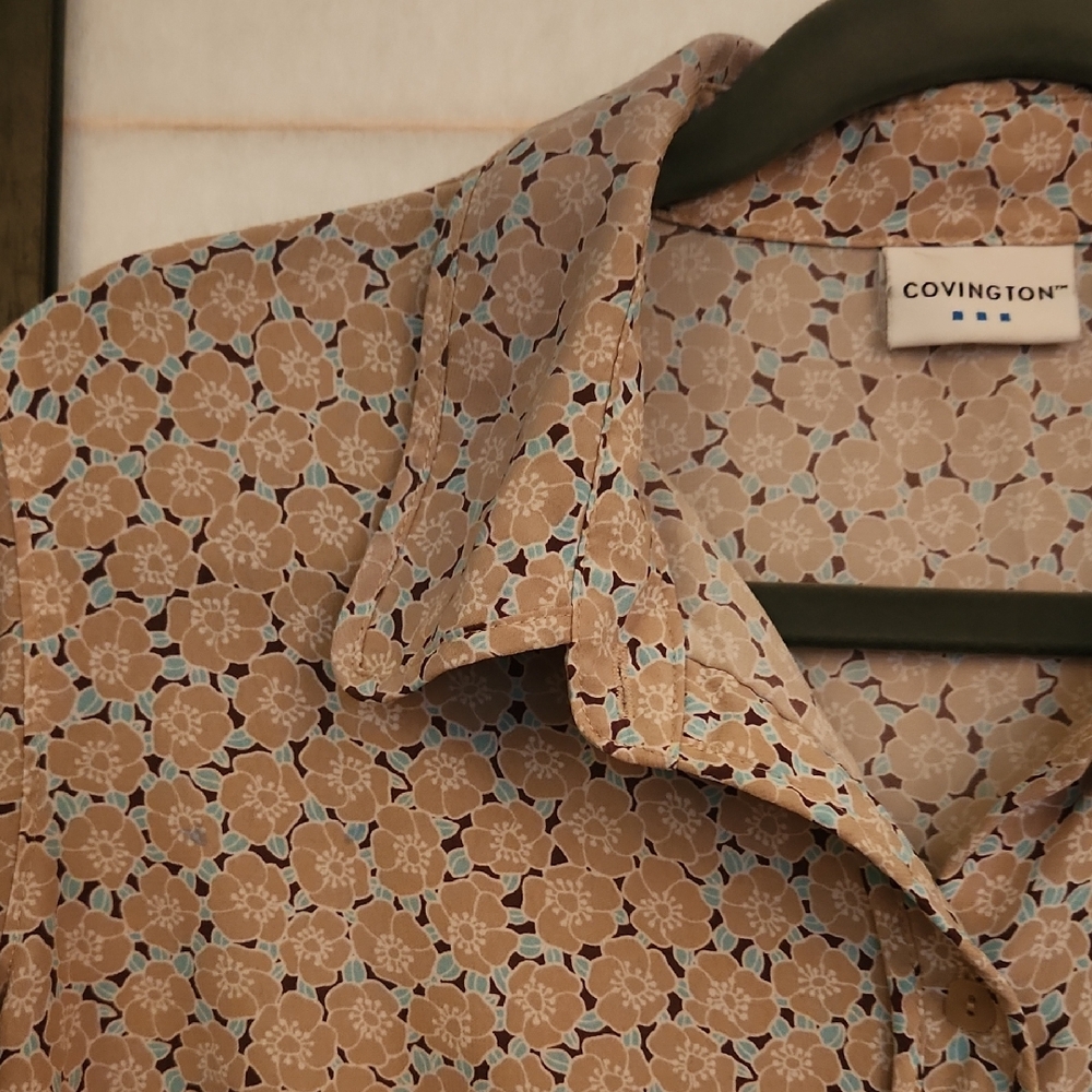 Covington Women's Floral Pattern Button Down Shirt Tan & Turquoise